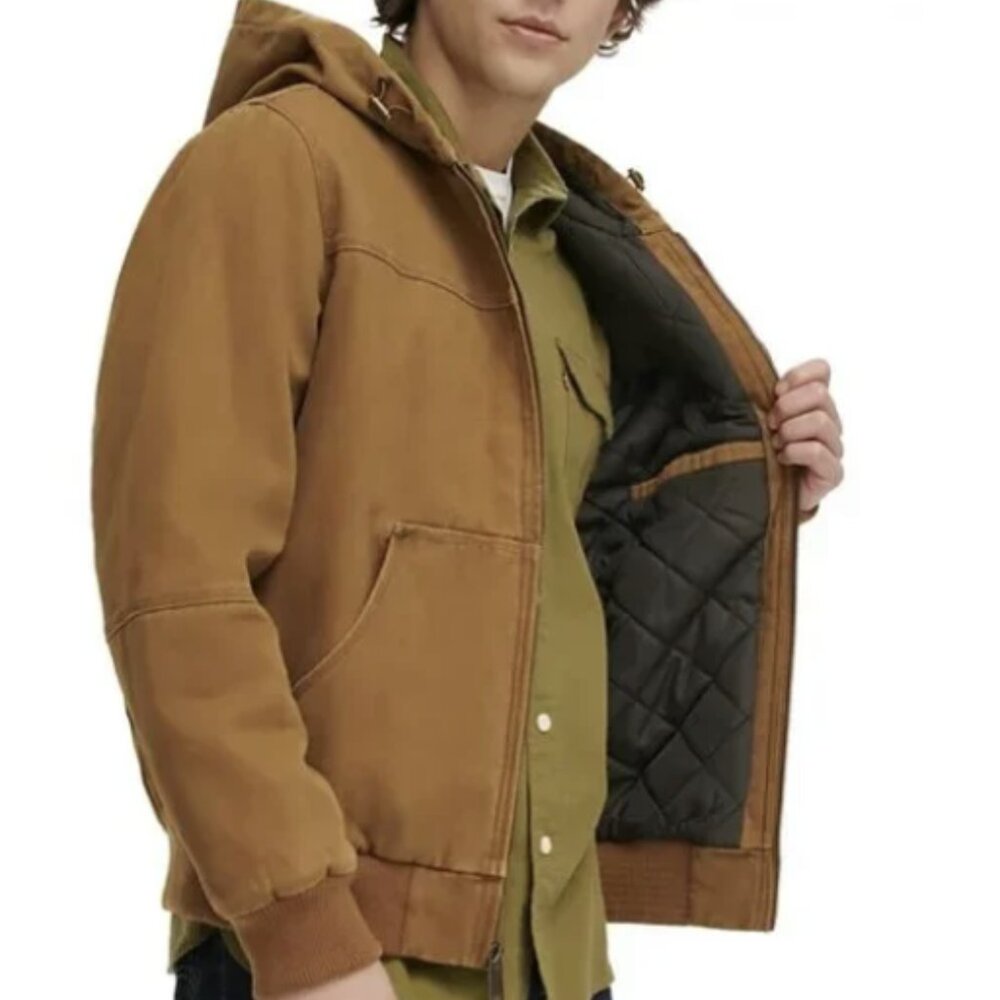 Levi's Men's Workwear Hoodie Bomber Jacket Quilted Lining Brown